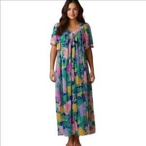 Lorraine Vintage Retro Hawaiian Night Gown House Sleep Dress Floral Rose Maxi 2X